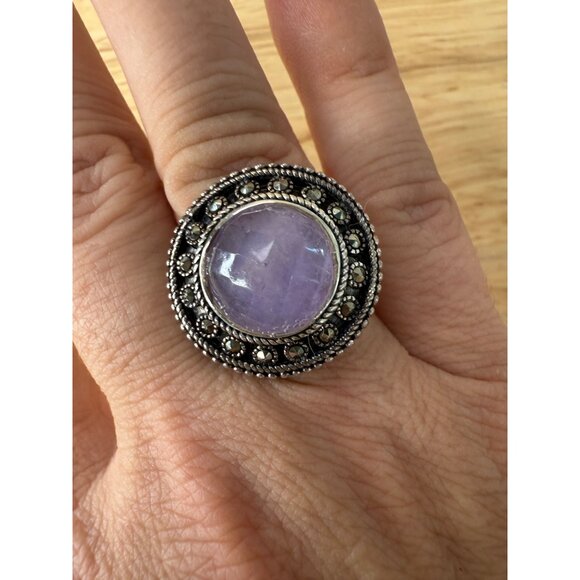 Sterling Silver Amethyst Ring With Marcasite Accents 925 Signed Size 6 - Picture 12 of 13